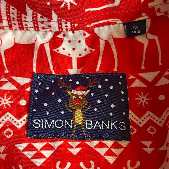 Simon Banks Reindeer Print Christmas Dress Shirt Size Medium (15.5) - Picture 4 of 4